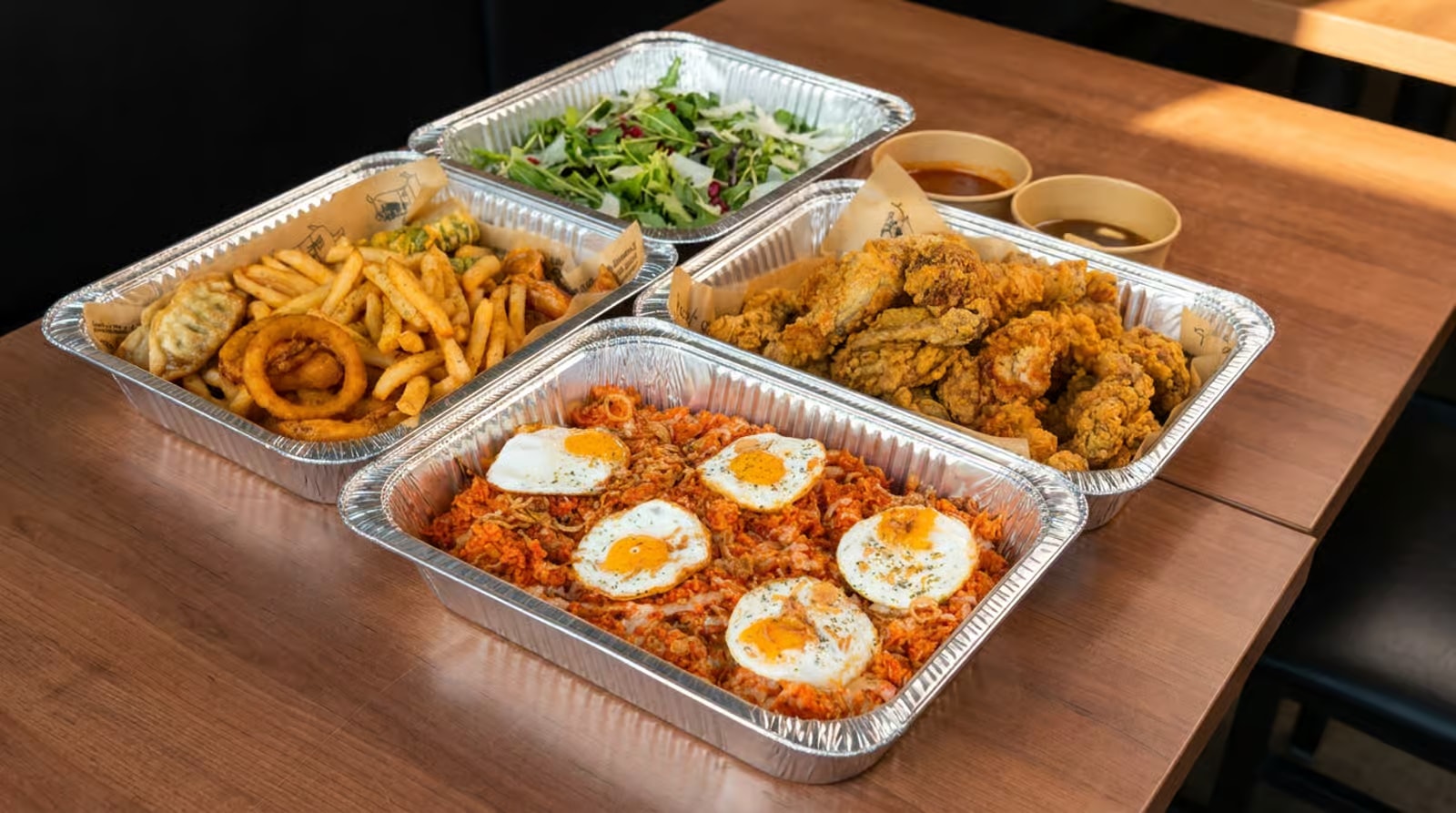 Sarang Kitchen catering spread — fried chicken, kimchi fried rice, fries and salad
